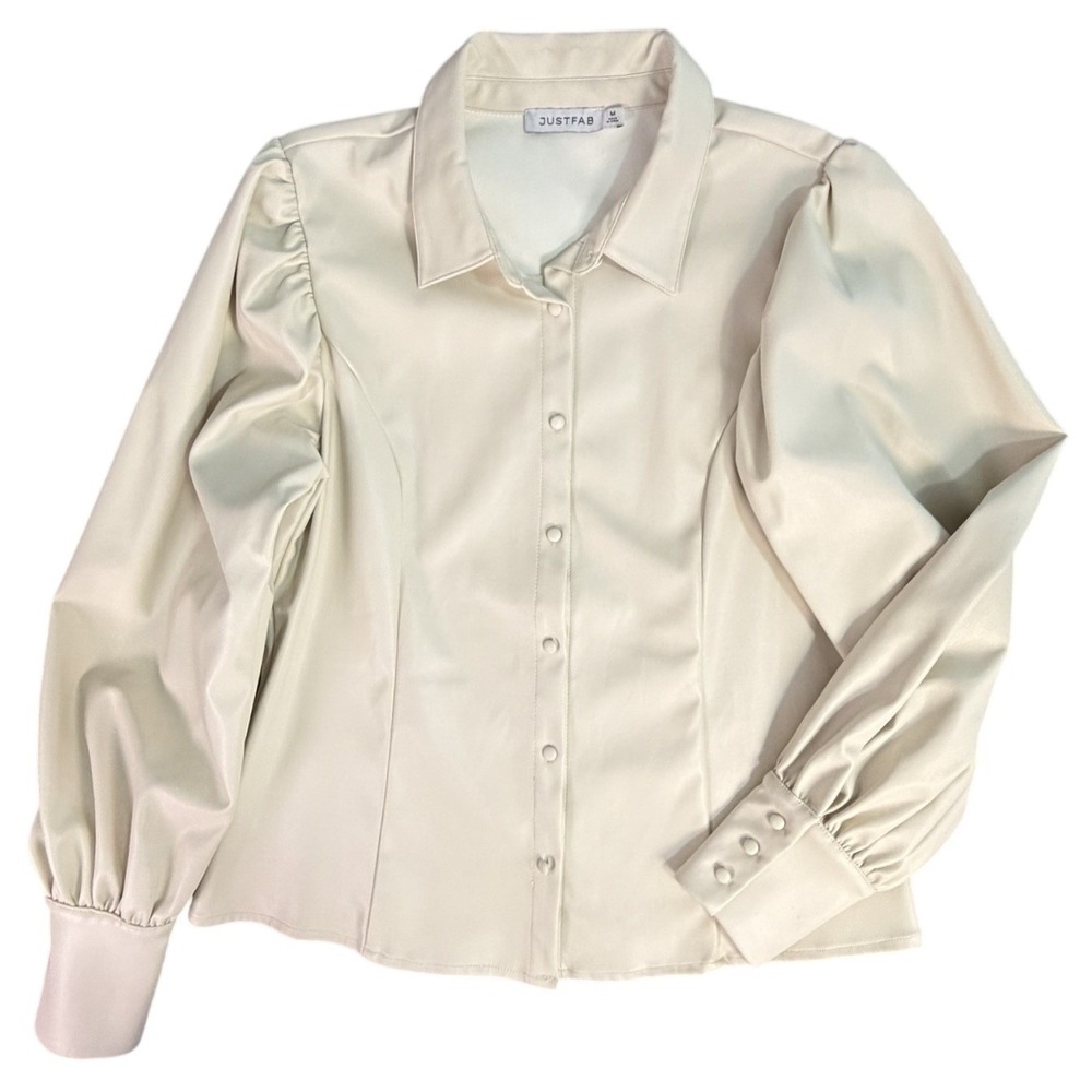 Faux Leather Long Sleeve Button Down Shirt Cream Puff Sleeve Size M